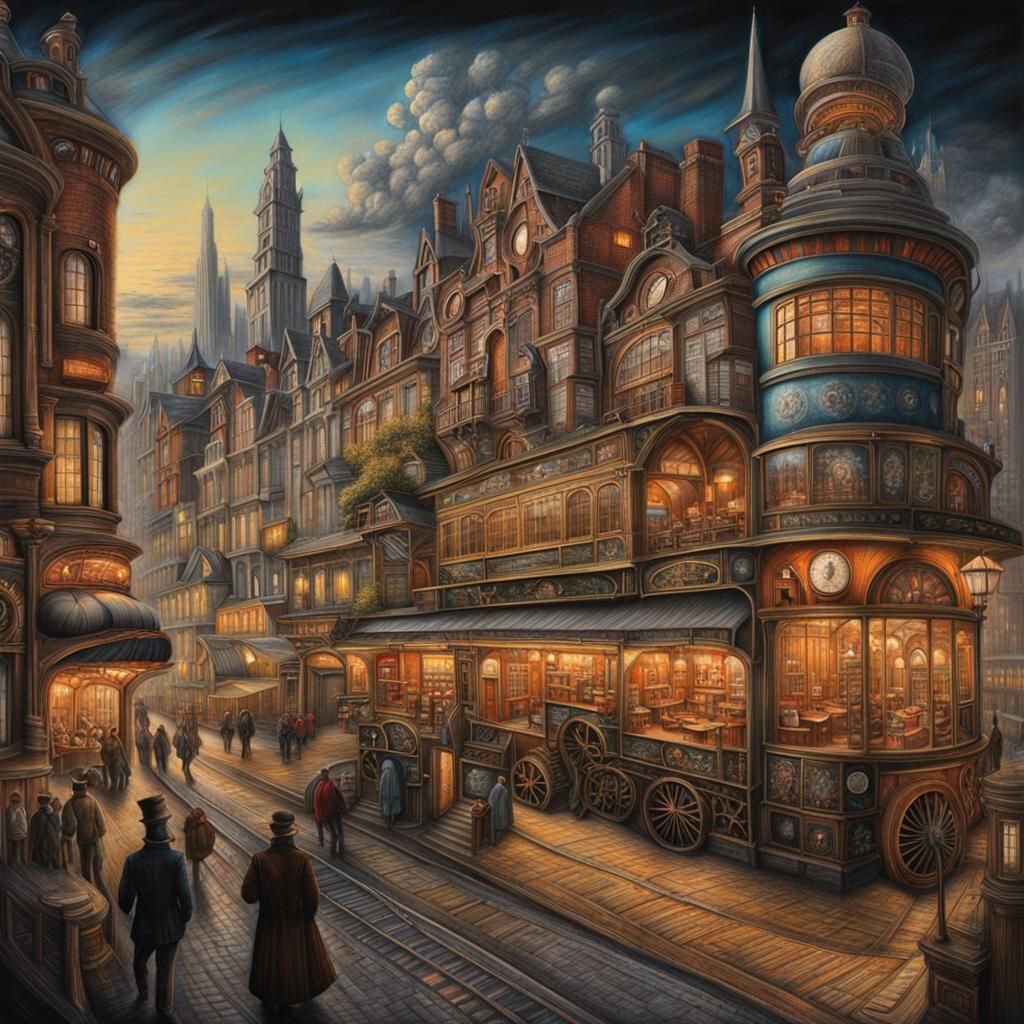 Detailed Chalk Drawing of a Steampunk City