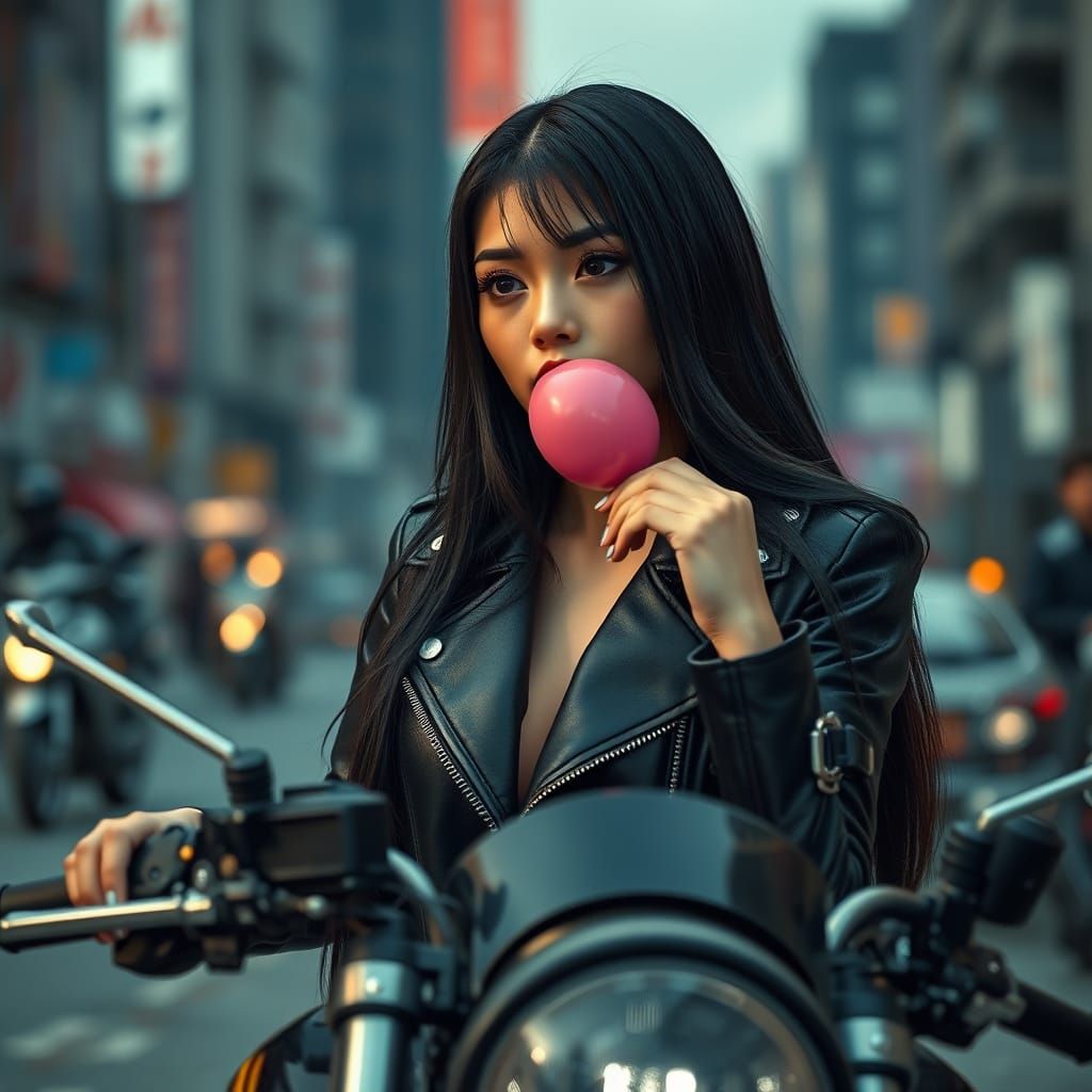 Sleek Motorbike Rider in Hyperrealistic Cityscape