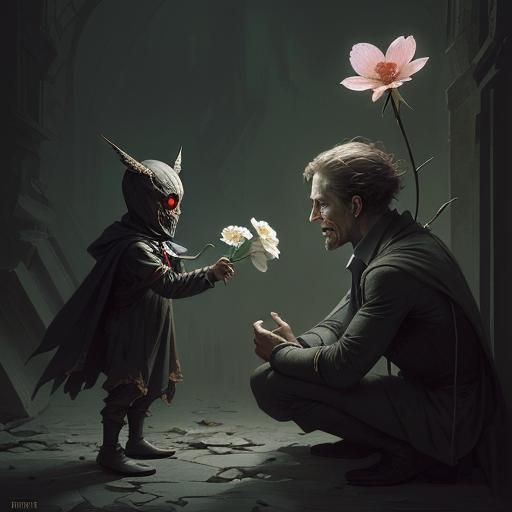 Mothman Offering Flower to Terrified Child