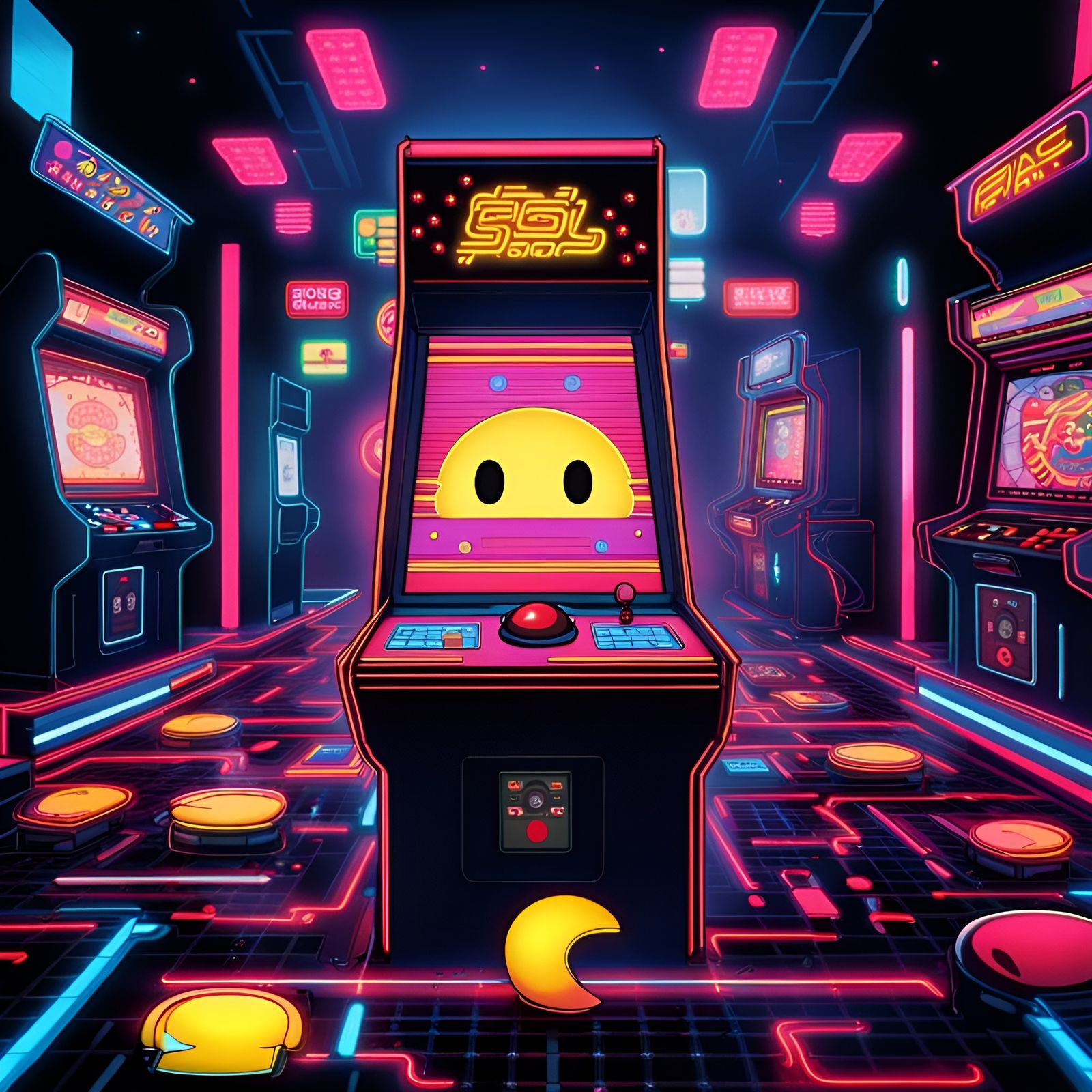 Retro 80s Arcade with Neon Lights in Anime Style