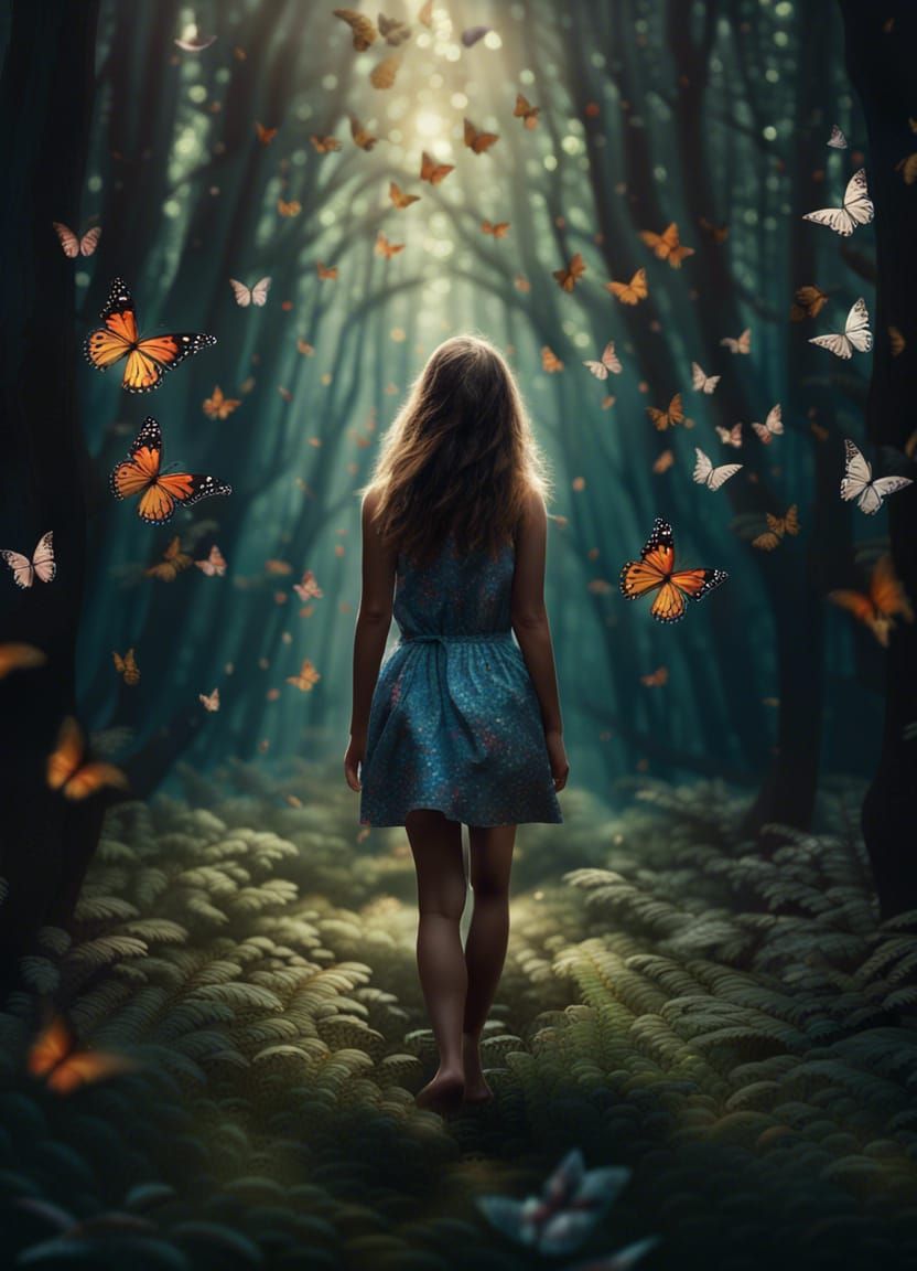Ethereal Forest Walk with Butterflies in Fantasy Art