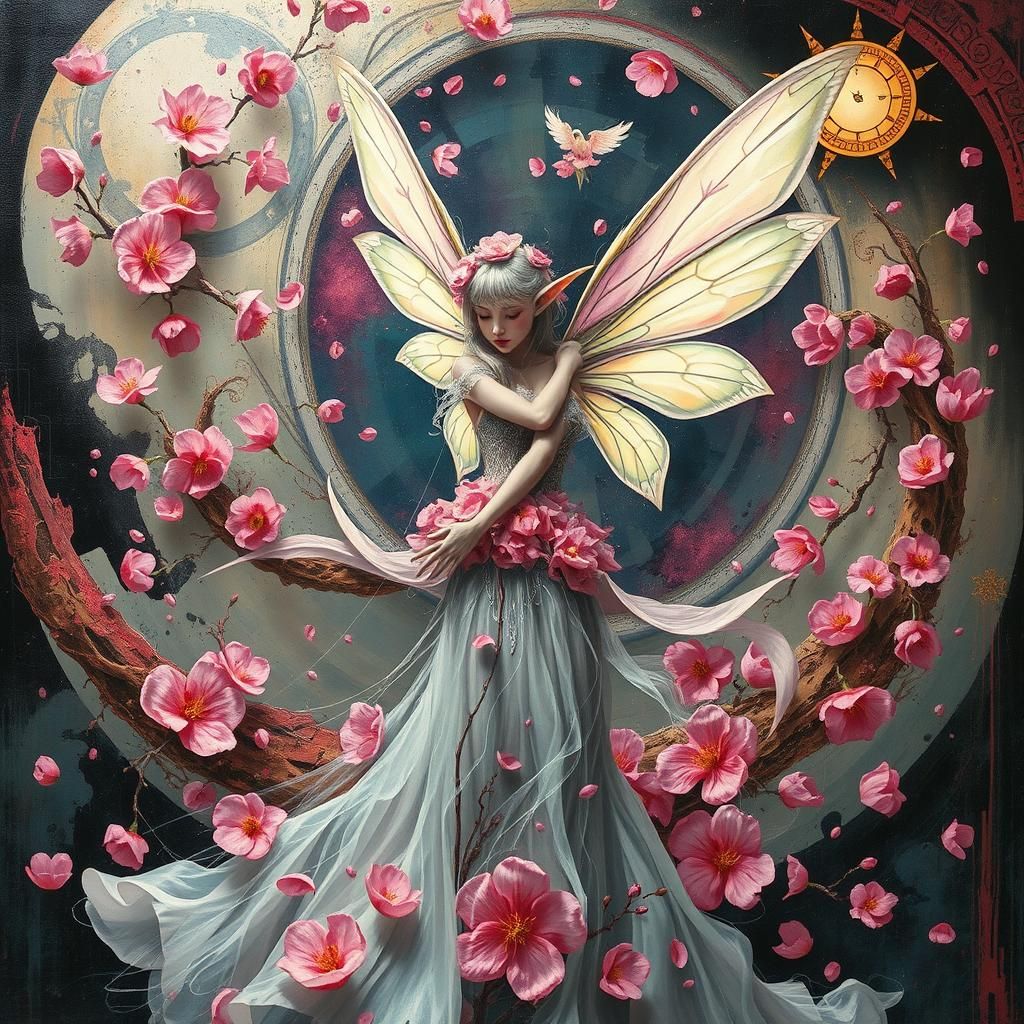Cherry Blossom Fairy in Surreal Sci-Fi Landscape