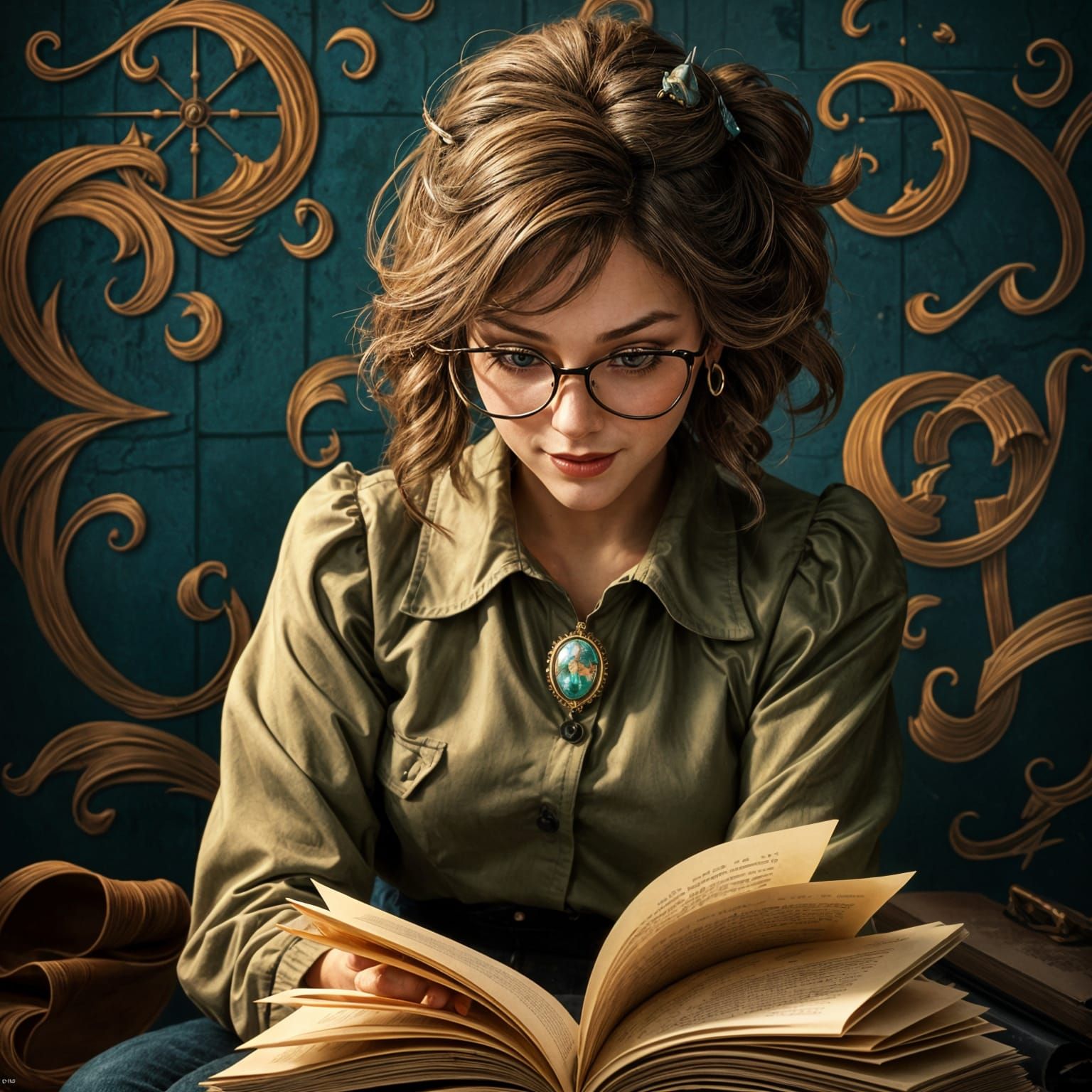 Sultry Bookworm Pinup in Hyperdetailed Art