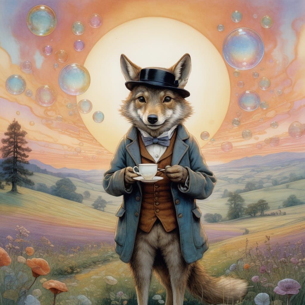 Dapper Wolf Cub Sipping Tea Under Psychedelic Sunset