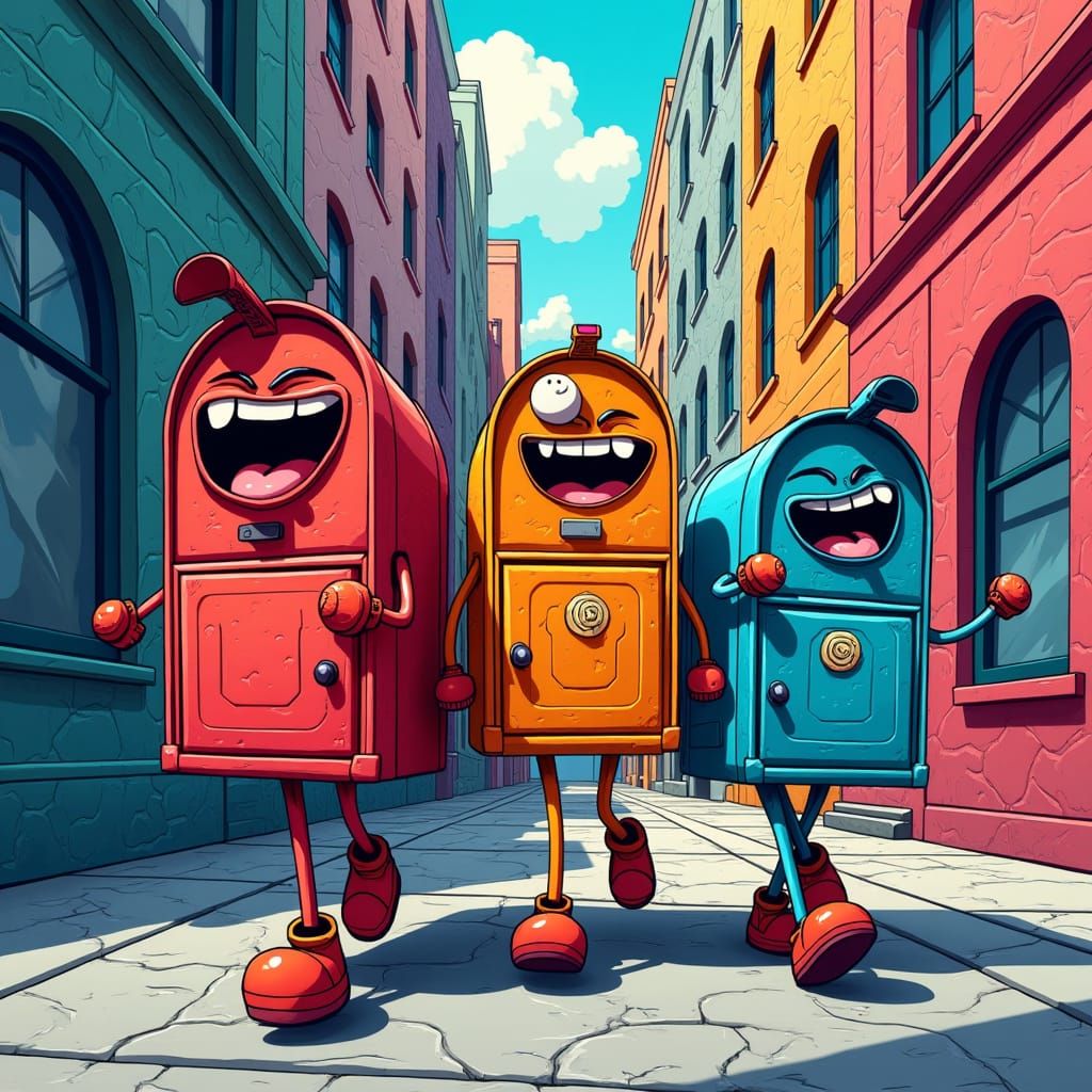 Laughing Mailboxes Stroll Down Psychedelic City Street