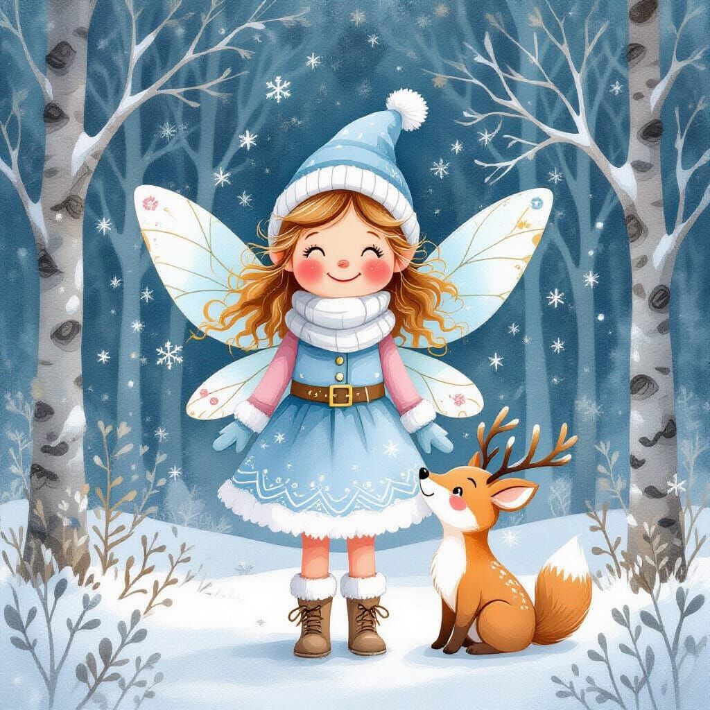 Whimsical Winter Fairy with Fawn in Snowy Dream Forest