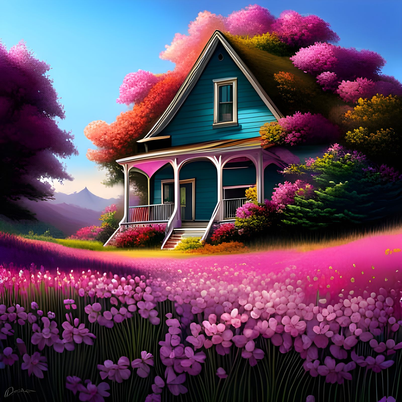 Abandoned House Reclaimed by Flowers, Detailed Matte Paintin...