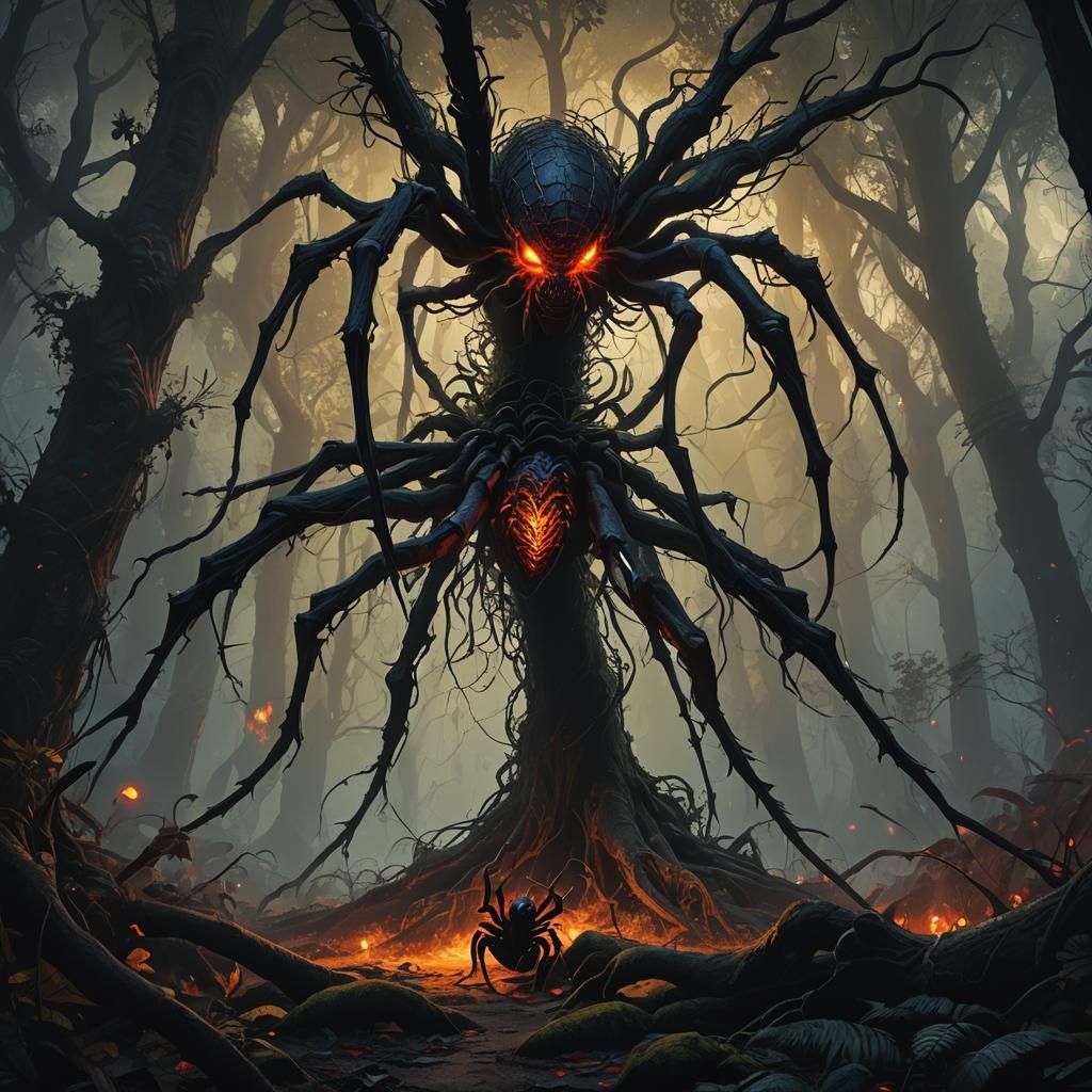 Drow and Giant Spider in Dark Fantasy Landscape