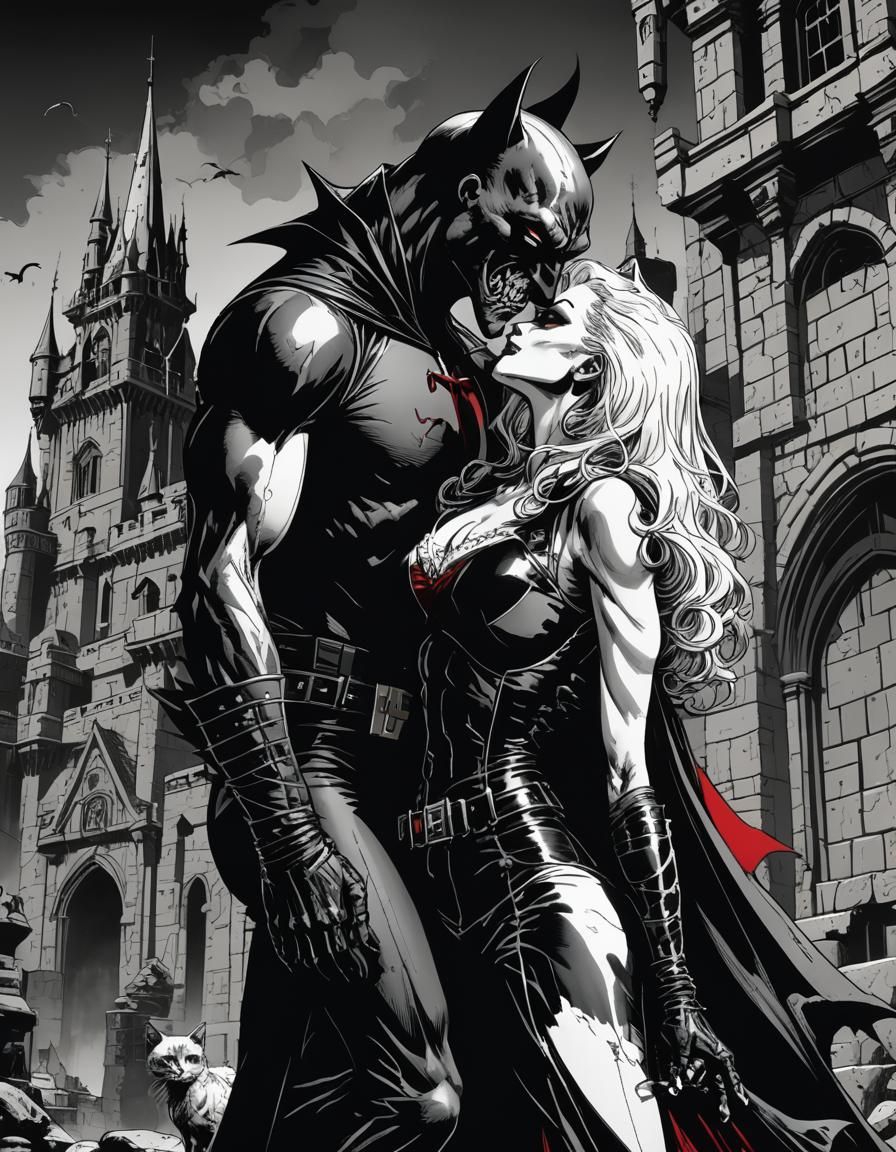 Vampire Cats Kiss in Sin City Comic Style