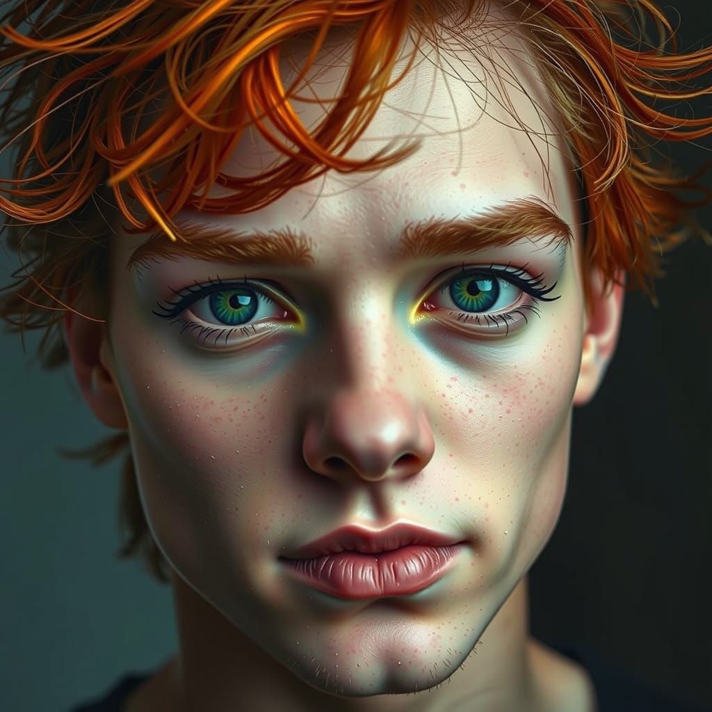 Seductive Young Man with Bright Green Eyes and Unruly Ginger...