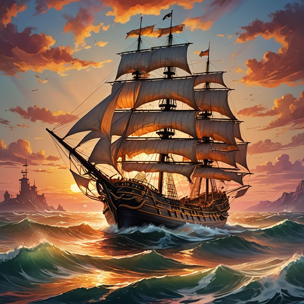Pirate Ship Sails Into Vibrant Sunset Sea