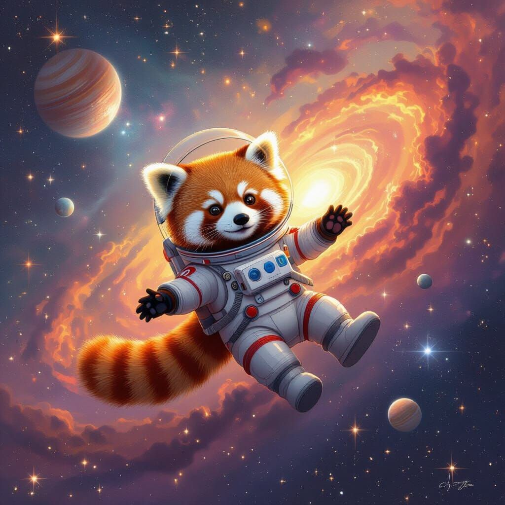 Red Panda Astronaut Floats in Cosmic Nebula