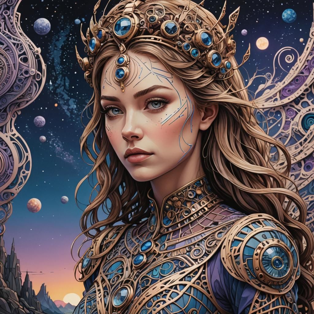 Futuristic Princess Portrait in Zentangle Style