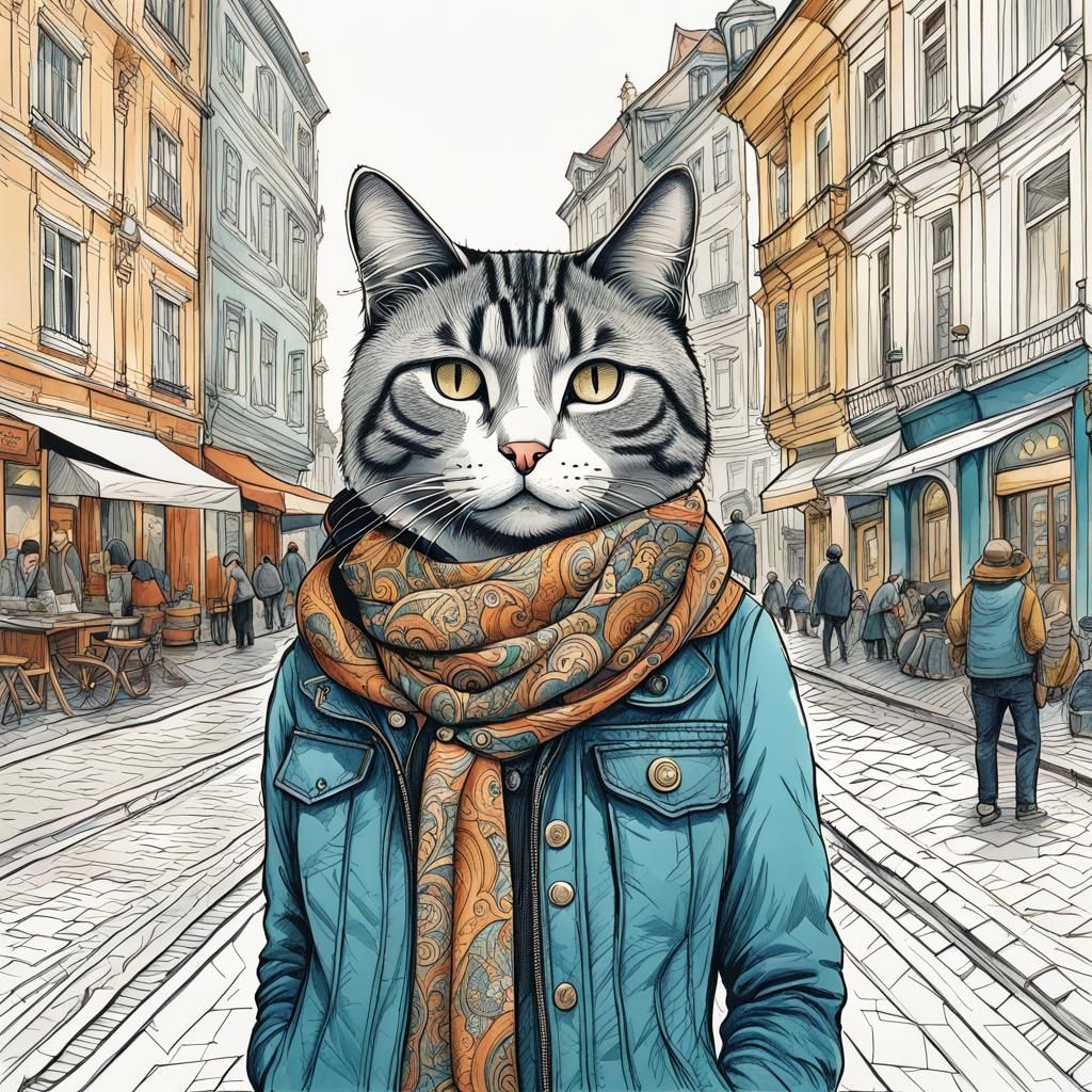 Realistic Cat in German City: Hand-Drawn Sketch