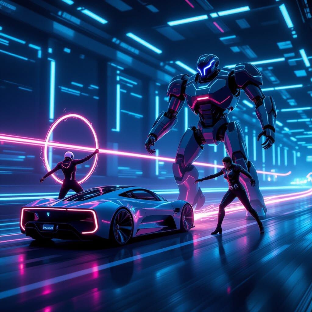Tron Warrior and Streamlined Car in Neon City