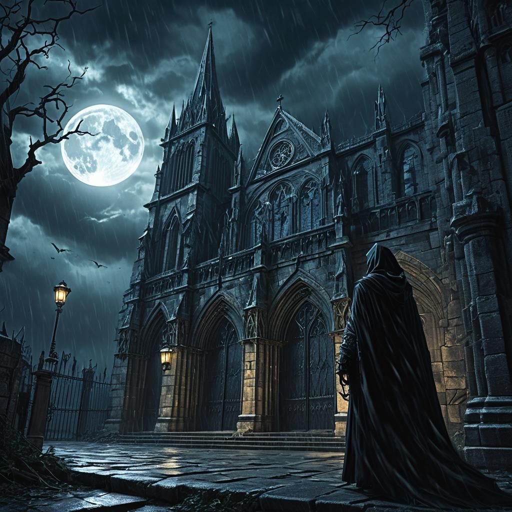 Cloaked Figure Before Gothic Cathedral: Dark Fantasy Art