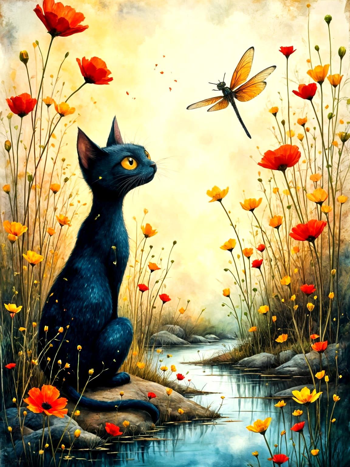 Contemplative Cat and Dragonfly by Poppy Pond