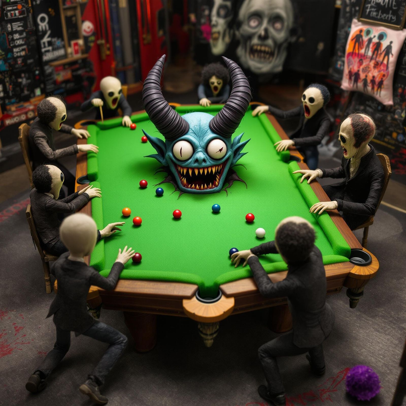 Macabre Billiards Game with Demon in Burtonesque Style