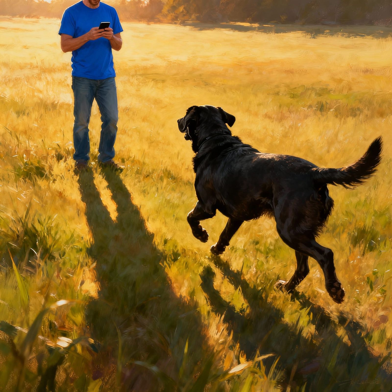 Black Labrador Flees Man in Golden Hour Field