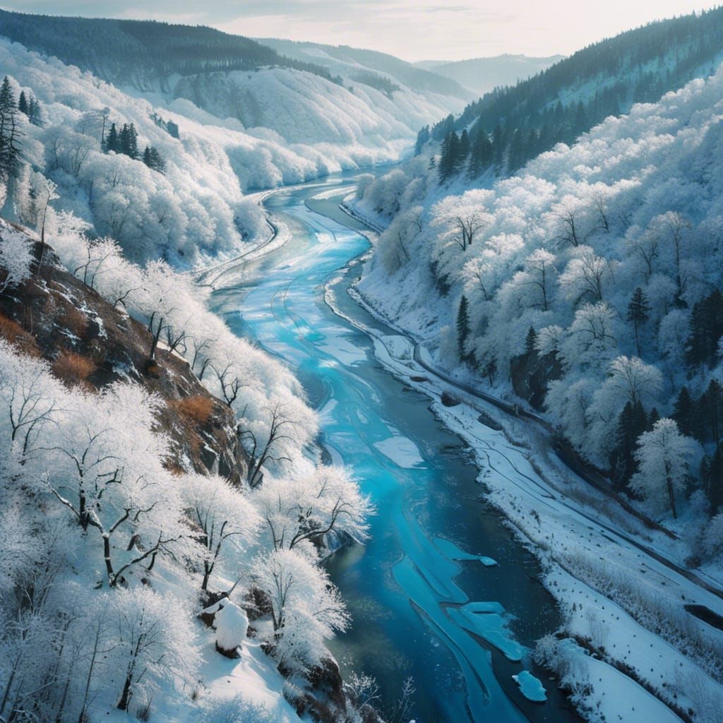 Frozen River Canyon in Winter: Watercolor Art