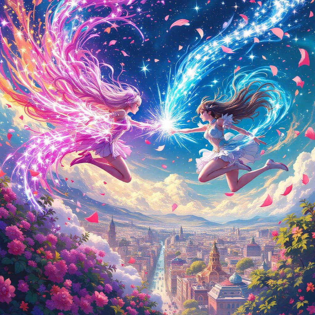 Magical Girls Clash: Celestial vs Floral Power in Anime City...