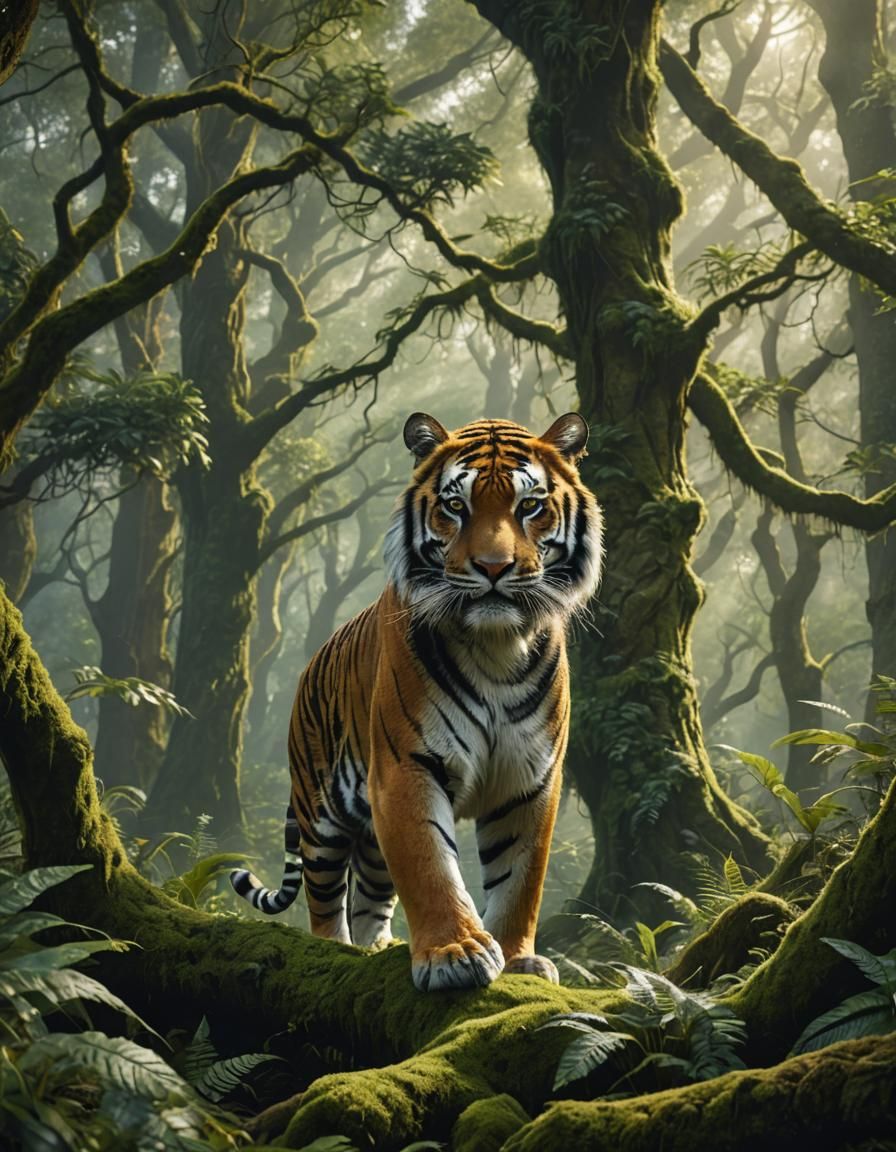 Tiger Emerges from Misty Ancient Forest: Fantasy Concept Art