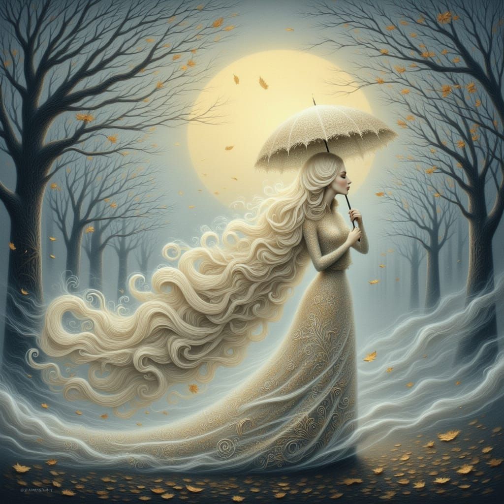 Glittery Smoke Wolf in Misty Forest, Watercolor Style