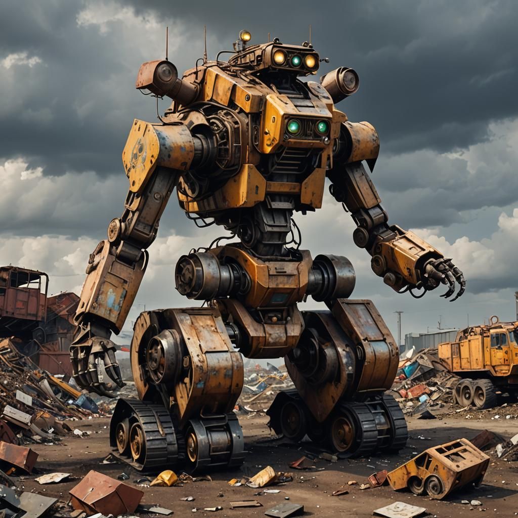 Rustic Waste-Eating Robot in Landfill: Sci-Fi Rendering