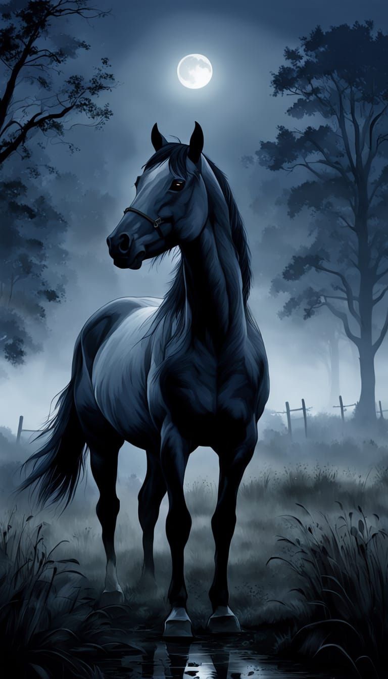 Wild Horse Silhouette in Misty Moonlight Field