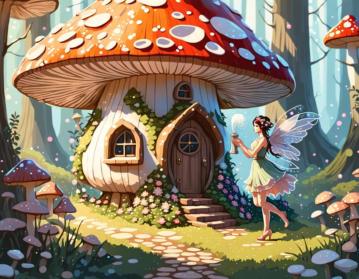 Pixelated Fairy Watering Flowers in Fantasy Forest