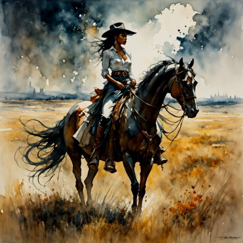 Cowgirl Leads Horses on Windy Prairie