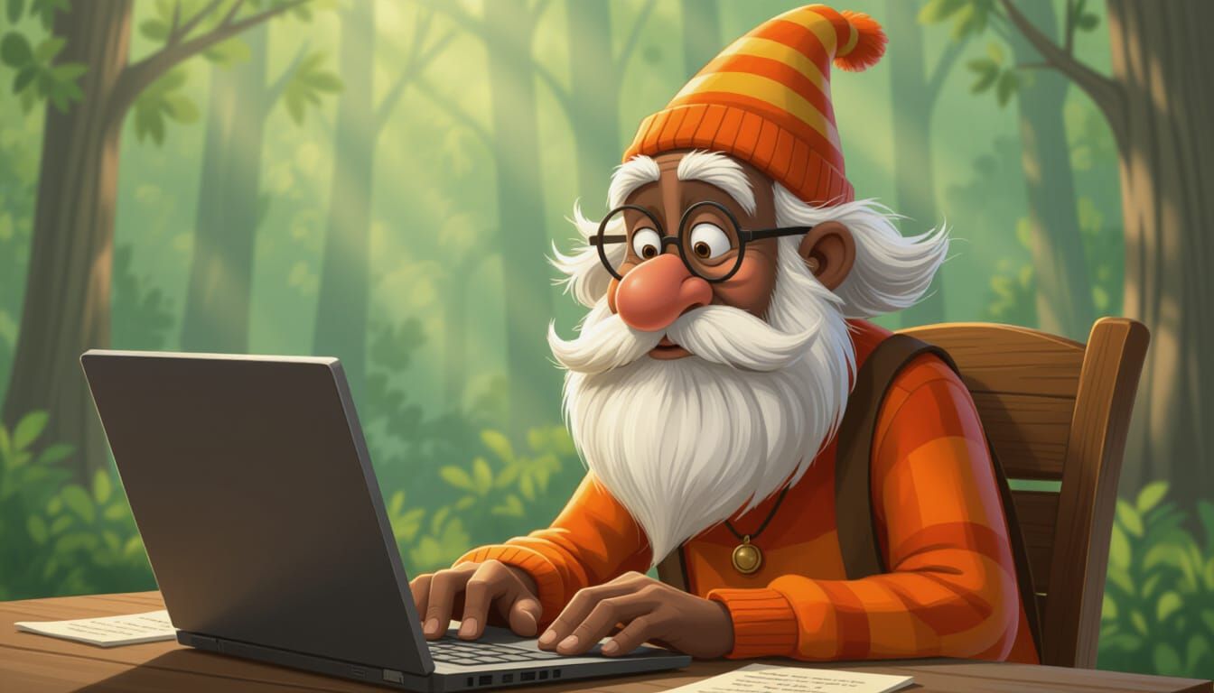 Old Man Behind Laptop, Fantasy Illustration