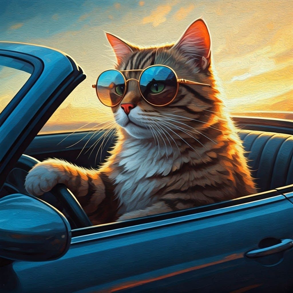 Whimsical Feline Joyride in Vibrant Impressionist Splendor