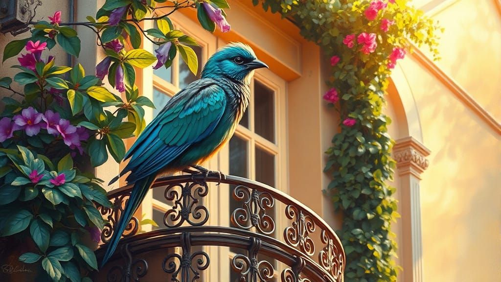 Iridescent Bird Perched on Ornate Balcony in Mediterranean V...