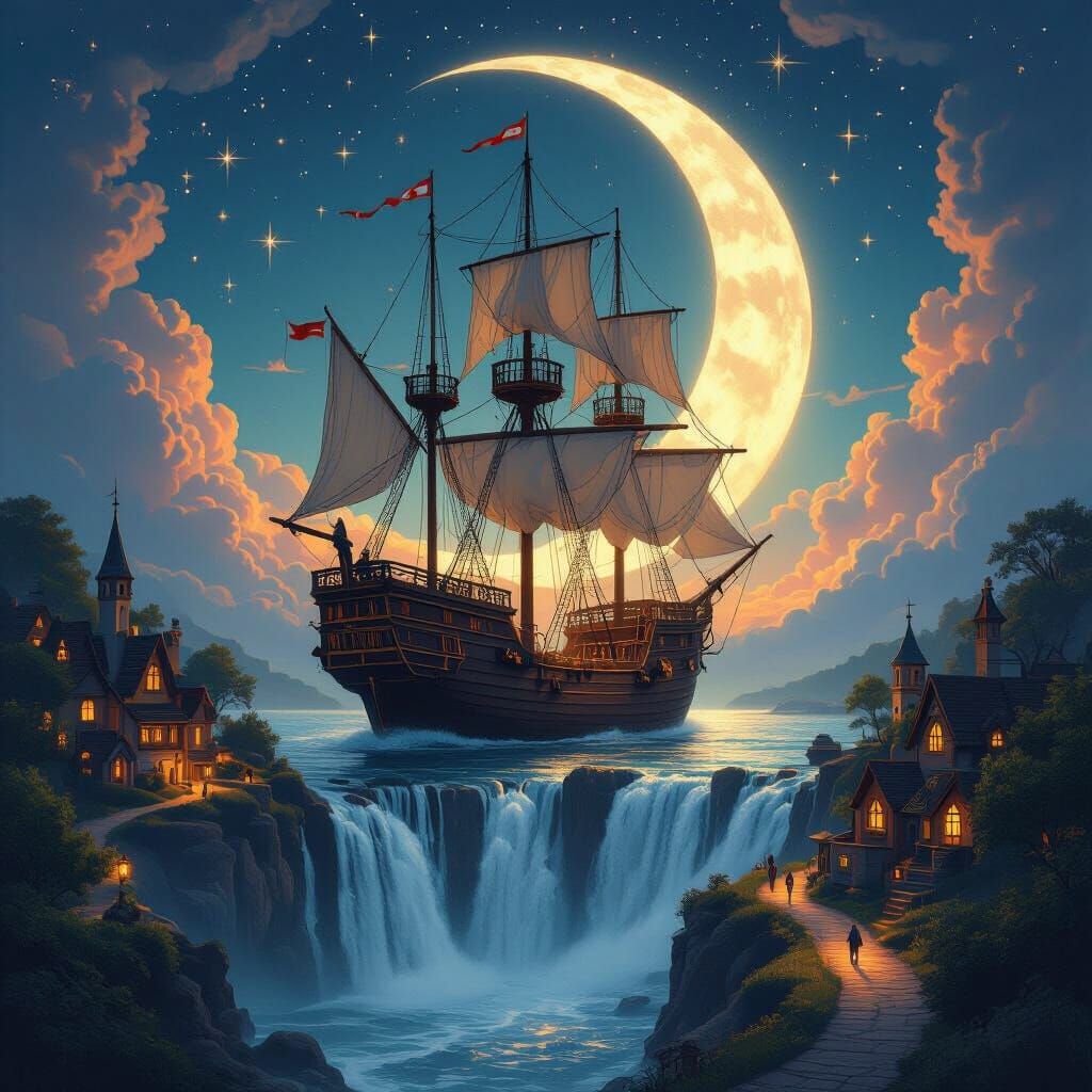 Majestic Sailing Ship Over Waterfall in Dreamscape