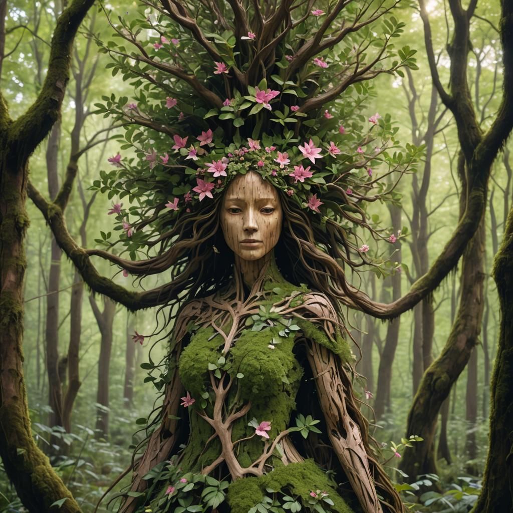 Tree Woman in Forest of Flowers