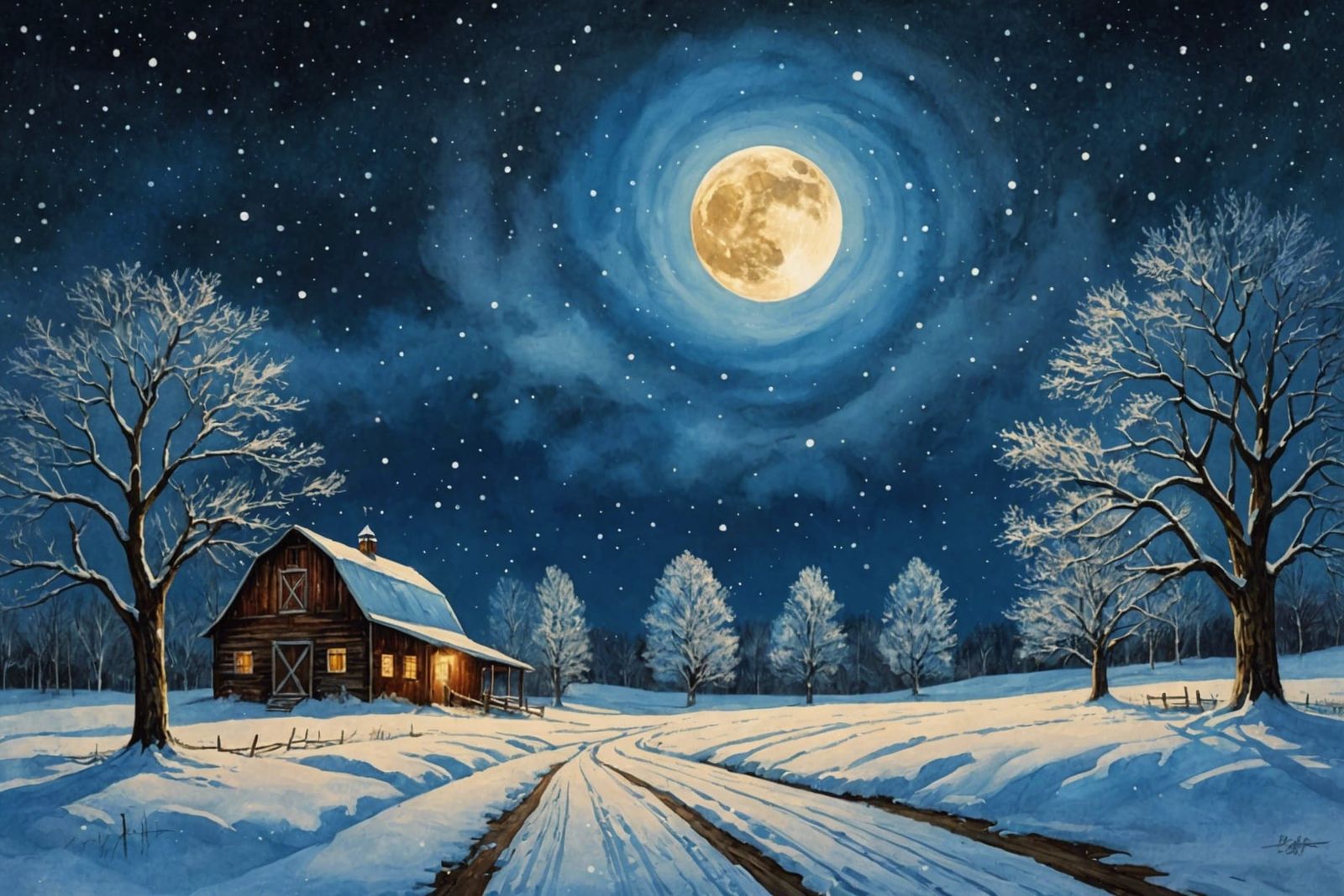 Full Moon Blizzard: Oil, Watercolor, and Ink Painting