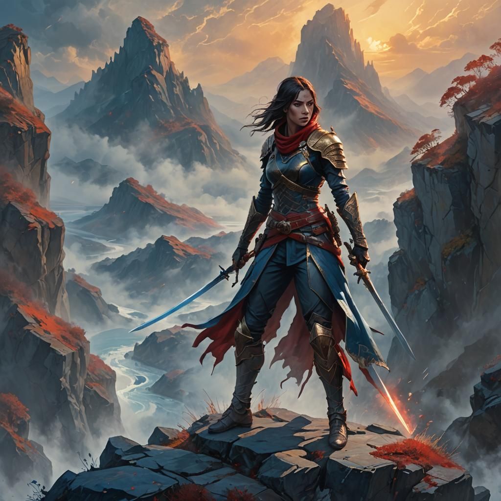 Bloodred Assassin on Misty Cliff: Fantasy Oil Painting