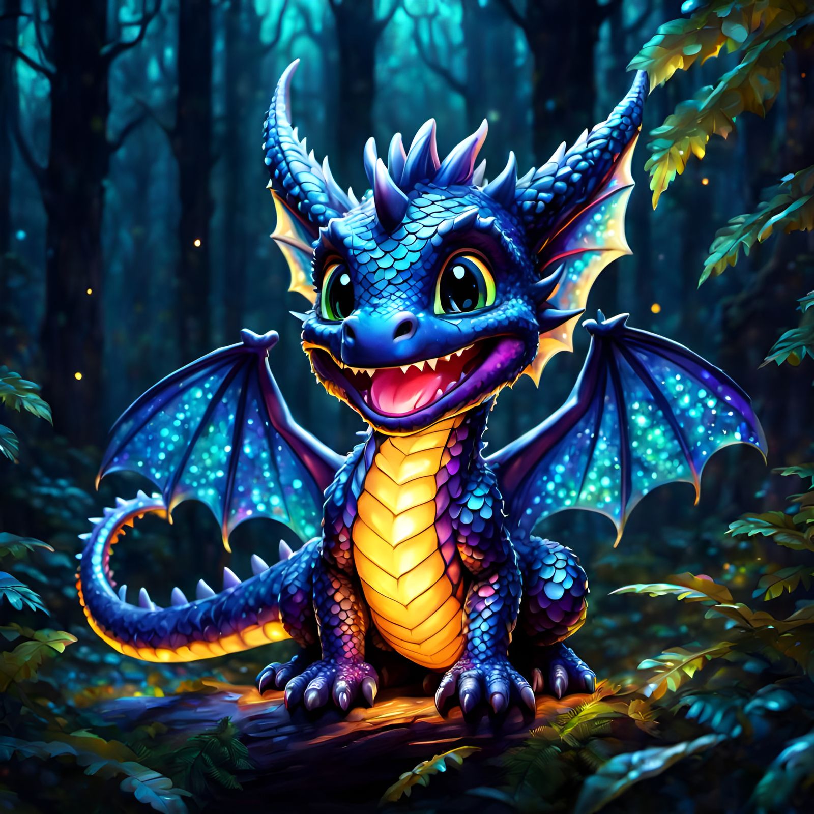 Cute Dragon Cub Emoji in Neon Style