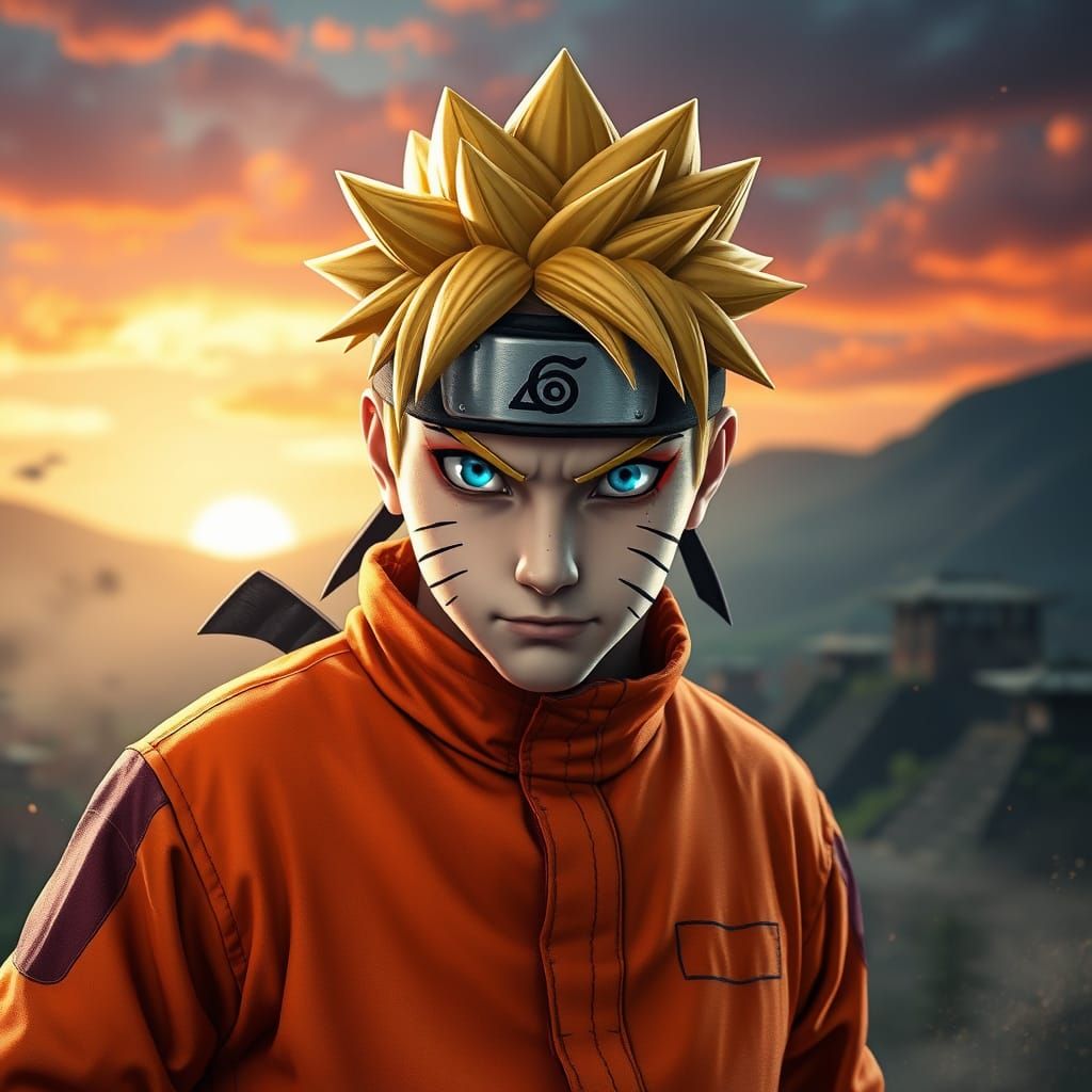 Ninja Hero Naruto Uzumaki Stands Tall in Sunset Village