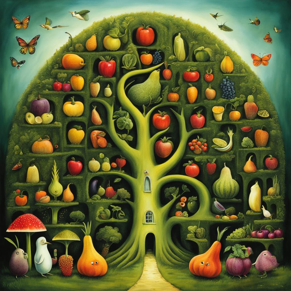 Whimsical Creatures Among Fruits and Vegetables in Vibrant M...