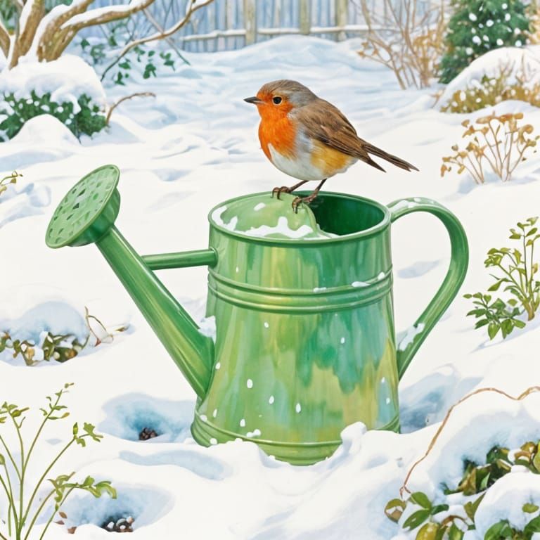 Robin on Watering Can in Snowy Garden Watercolor