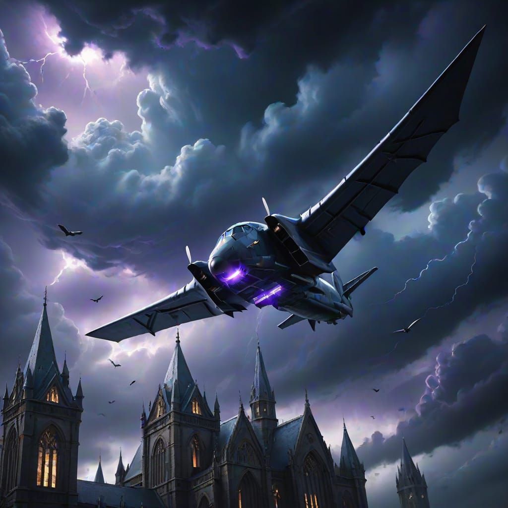 Batwing Plane Soars in Dark Fantasy Art
