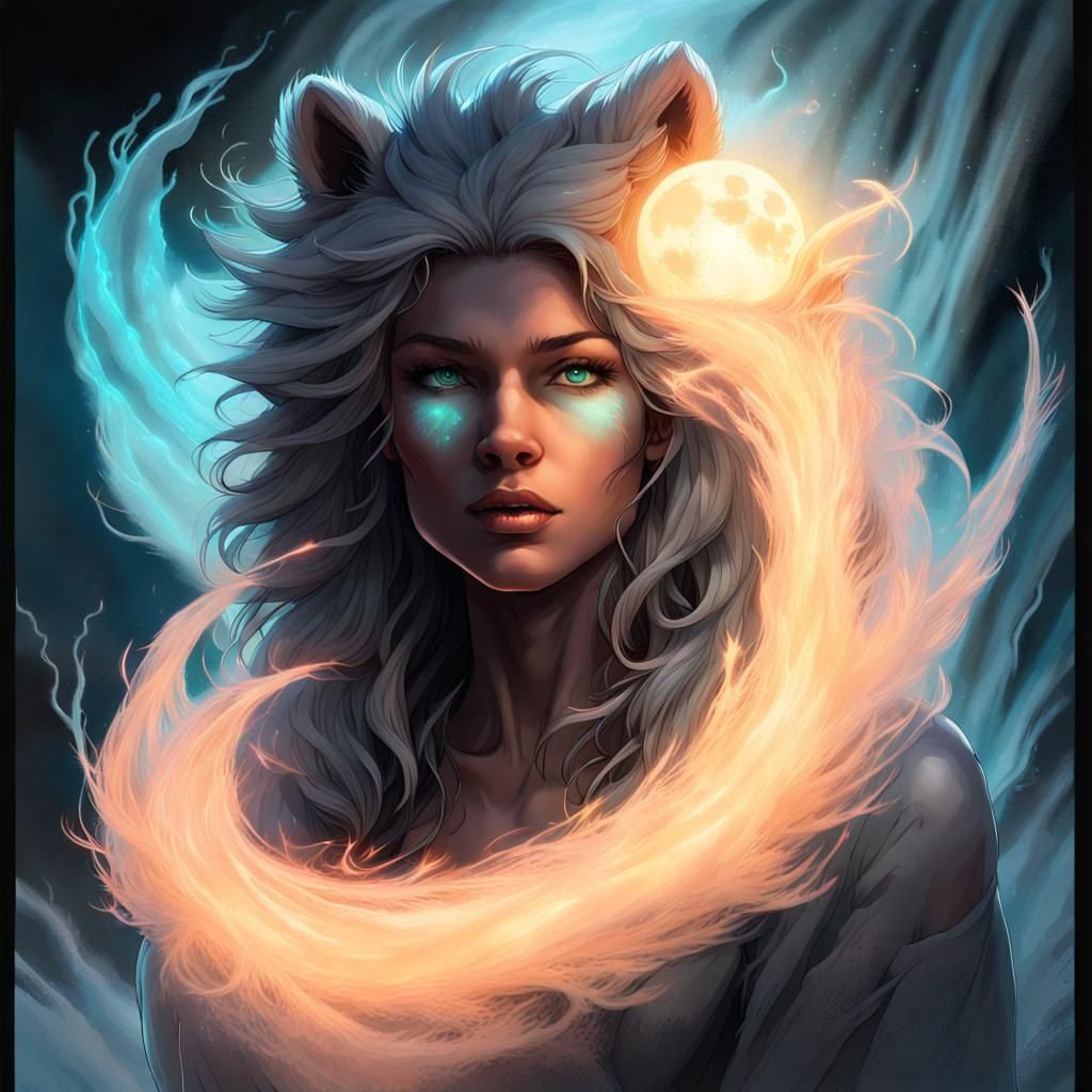 Glowing Female Werebear with Bioluminescent Moon