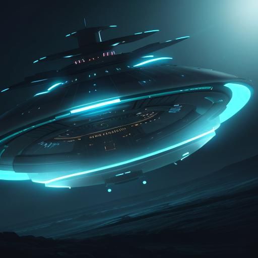 Sleek UFO Descent in Neon-Lit Sci-Fi Setting