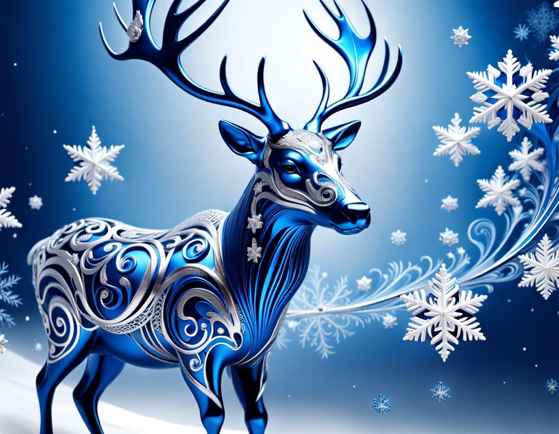 Christmas Reindeer in Blue, Silver and White