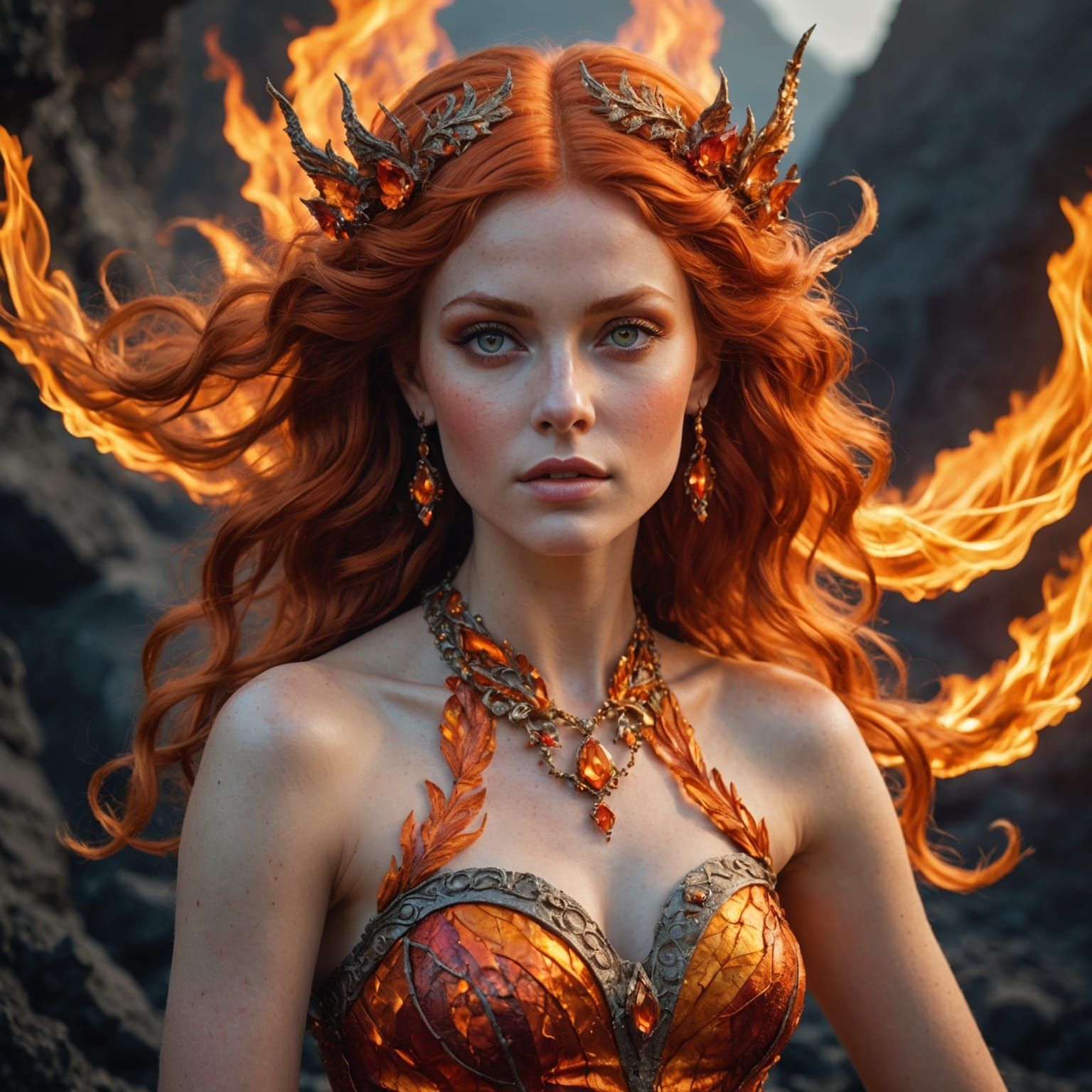 Fiery Pixie Fairy Dancing on Volcano: Hyperrealistic Digital...