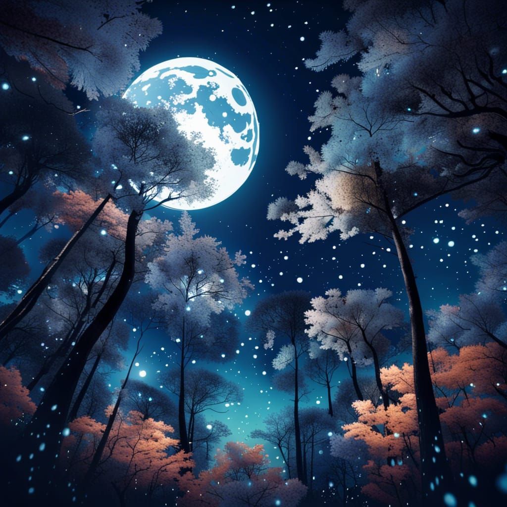 Forest Under Moonlit Sky in Japanese Art Style