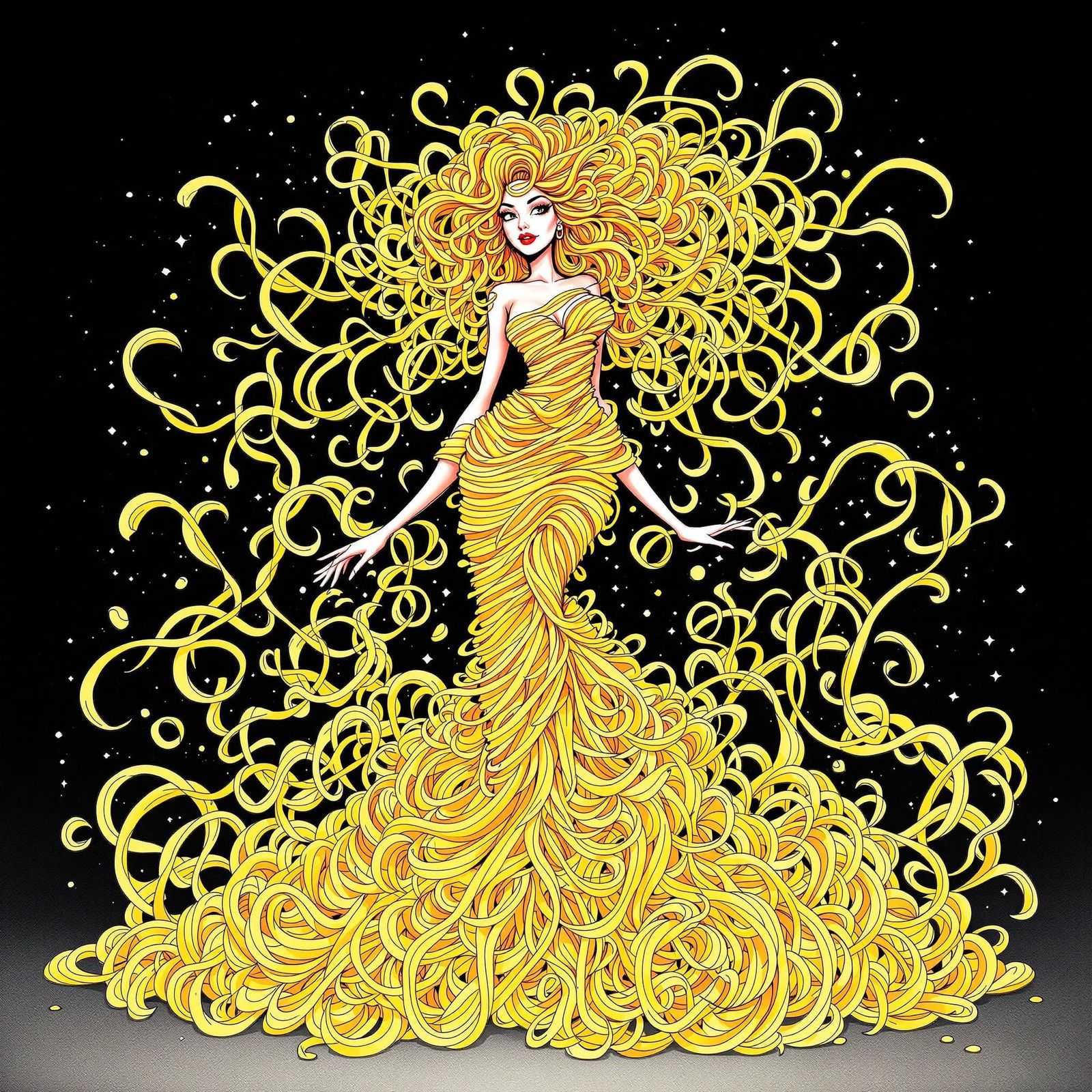 Surreal Cartoon Goddess Wrapped in Whimsical Spaghetti