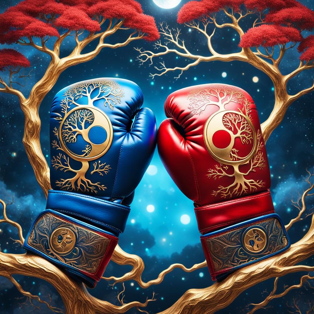 Surreal Boxing Gloves with Yin Yang Tree of Life